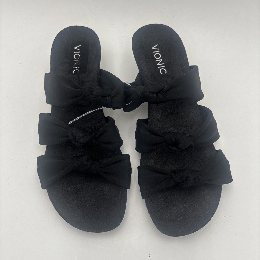 Vionic Park Rizzo Black Wedge Sandal Size 9 Fabric Slip On Orthoheel Knotted